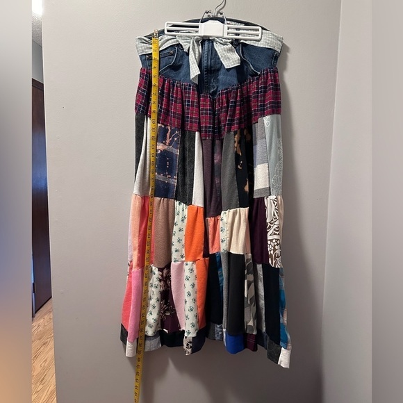 Denim patchwork skirt upcycle hand made with handmade cotton belt xl - Picture 8 of 8